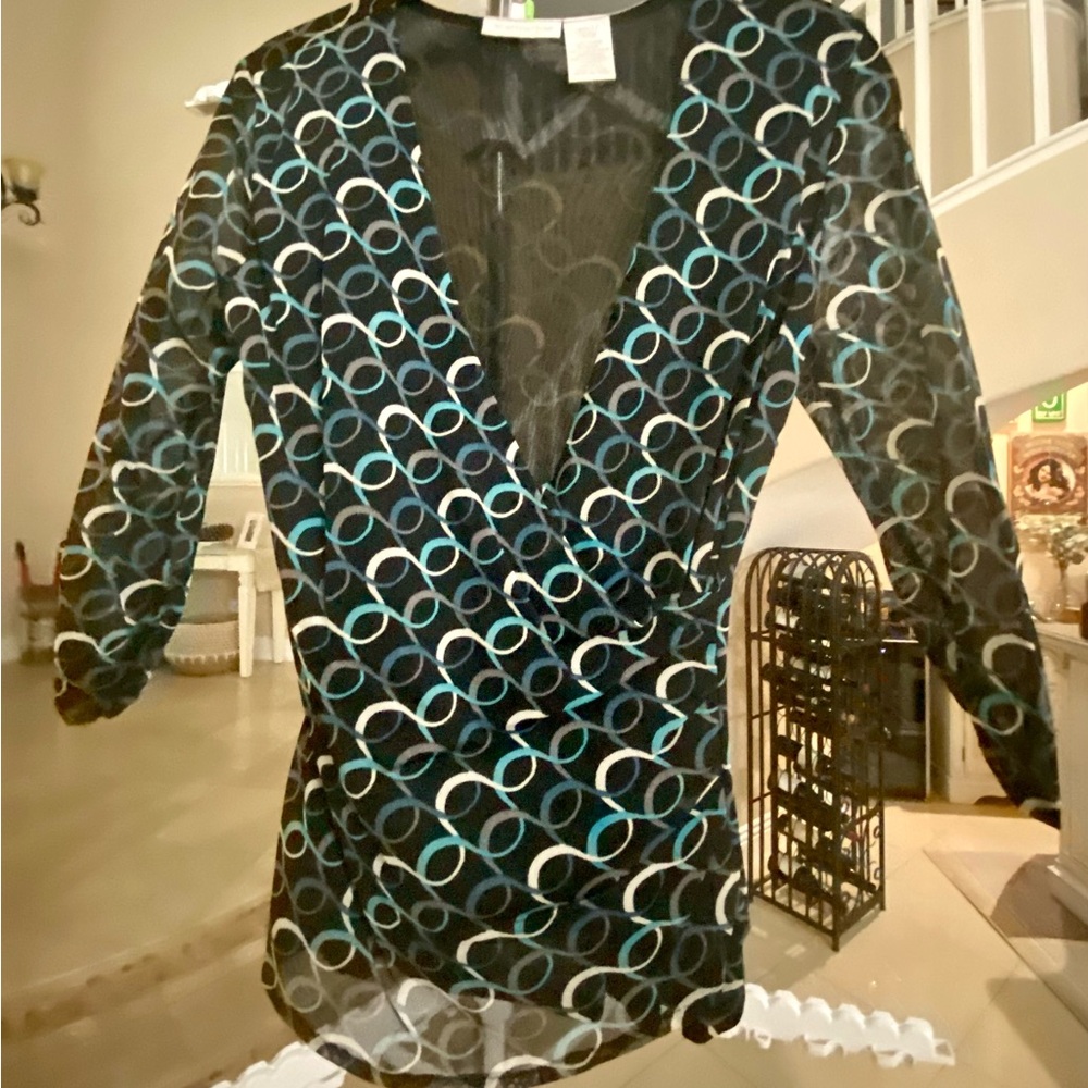 Worthington Sheer Blouse with Black and Blue Pattern
